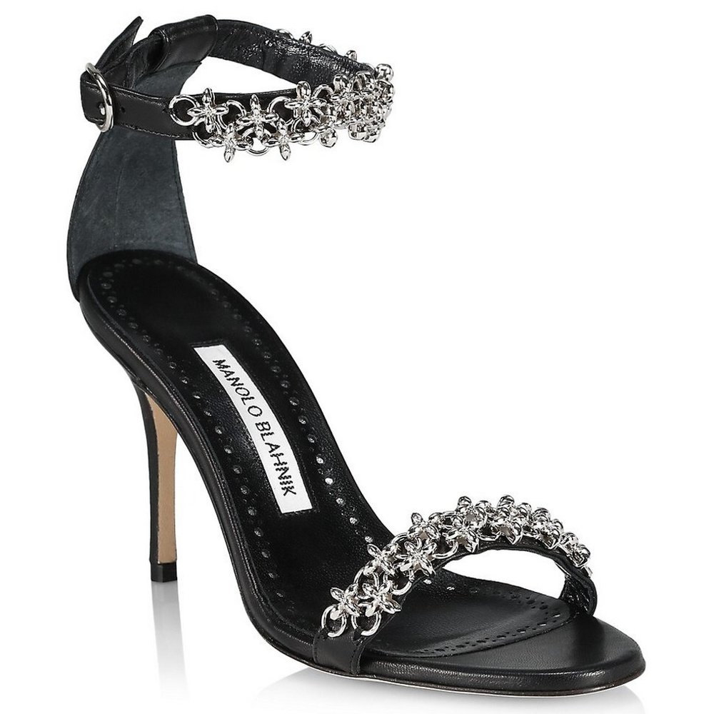 NEW Manolo Blahnik Rekik Chain Leather Stiletto Sandals Black EU 39.5